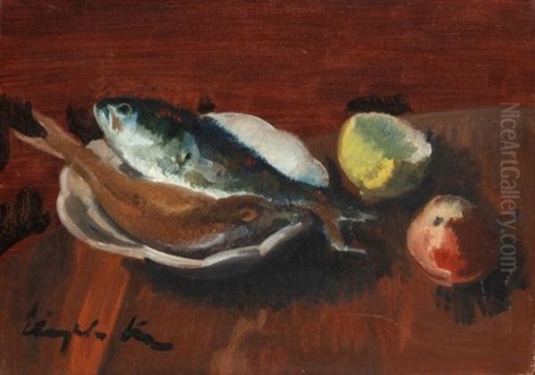 Nature Morte Aux Poissons, Pomme Et Citron ( + Paysage, Study; Verso) Oil Painting by Alphonse Levy