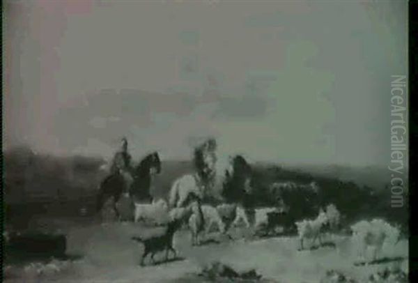 Arab Horseman And Goat Herd On The Move & Stone  Rest House By An Oasis Oil Painting by Alphonse Levy