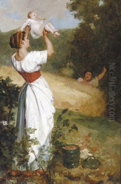 Playing With Baby Oil Painting by Emile Levy