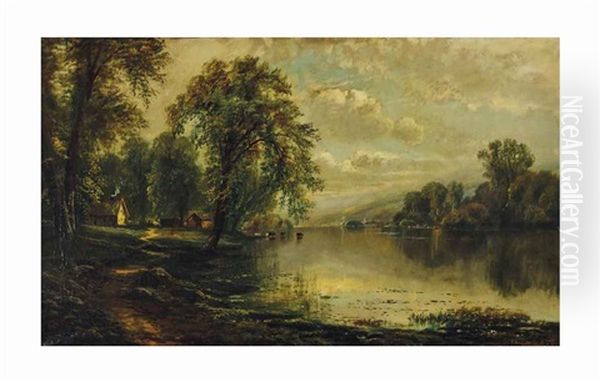 Cows Drinking From A River Oil Painting by Edmund Darch Lewis