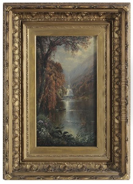 Landscape With Waterfall And Figure In Boat Oil Painting by Edmund Darch Lewis