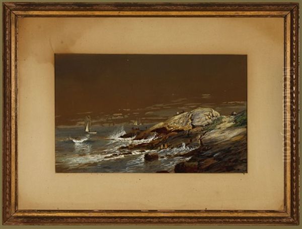 Boats And Figures In A Rocky Coastal View Oil Painting by Edmund Darch Lewis
