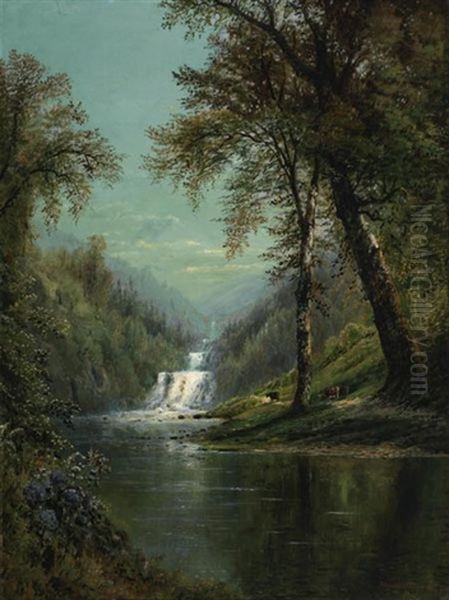 Waterfall Oil Painting by Edmund Darch Lewis
