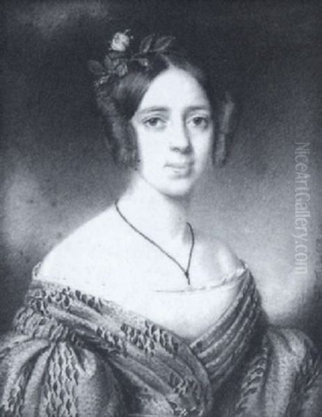 A Lady Wearing Blue, Green And Red Patterned Dress, White Underdress, Belt With Jewelled Buckle, A Ribbon At Her Neck, Fresh Flowers In Her Hair Oil Painting by Eduard Friedrich Leybold