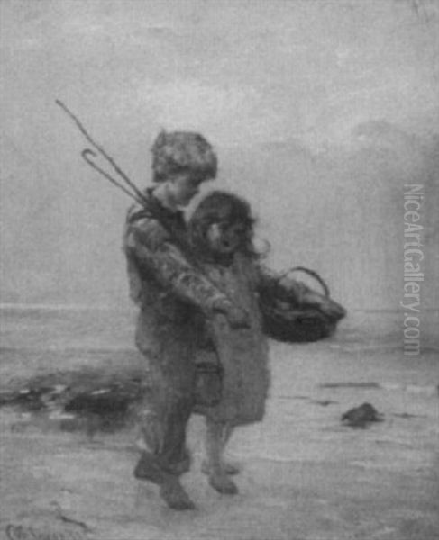Children On A Beach Oil Painting by Otto Leyde