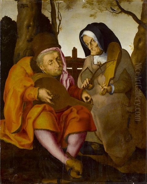 Groteskes Paar, Musizierend Oil Painting by Lucas Van Leyden
