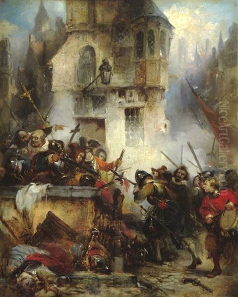 Stadsgevecht Te Antwerpen In De 16de Eeuw Oil Painting by Hendrik Jan Augustyn Leys