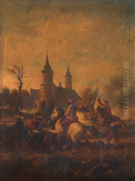 La Defaite D'alencon Pres Du Chateau Du Brull Devant Lierre - 1643 Oil Painting by Hendrik Jan Augustyn Leys