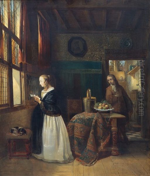 An Interior Scene With A Woman Reading A Letter Oil Painting by Henri Leys