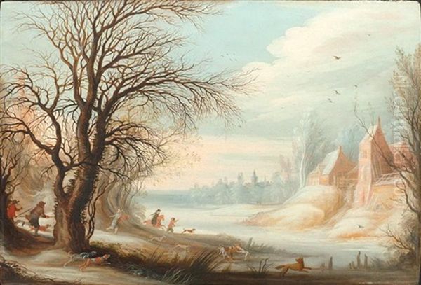 Winterlandschaft Mit Jagern Bei Der Fuchsjagd Oil Painting by Gysbrecht Leytens