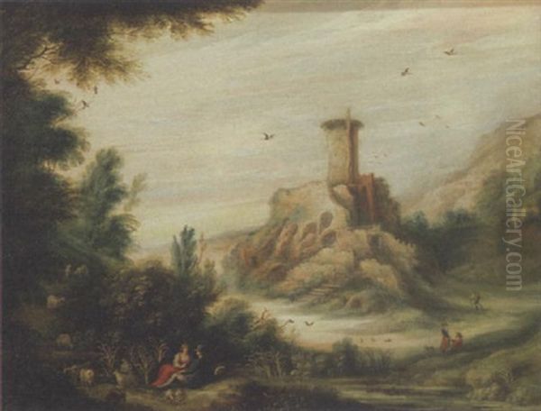 Felsige Landschaft Mit Ruine Und Ruhendem Hirtenpaar Oil Painting by Gysbrecht Leytens