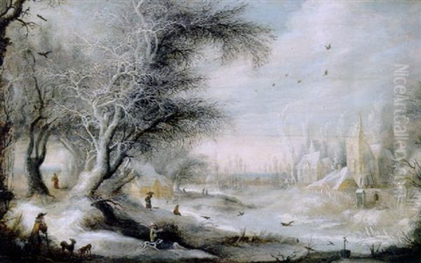 A Winter Landscape With Sportsmen On A Forest Track Near A Village, Peasants Nearby Oil Painting by Gysbrecht Leytens