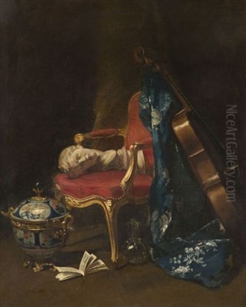 Composition Au Violoncelle, Buste En Marbre Blanc Et Vase Pot Pourri En Porcelaine Imari Oil Painting by Charles-Marie Lhuillier