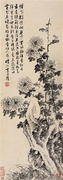 Chrysanthemum And Rock Oil Painting by Li Fangying