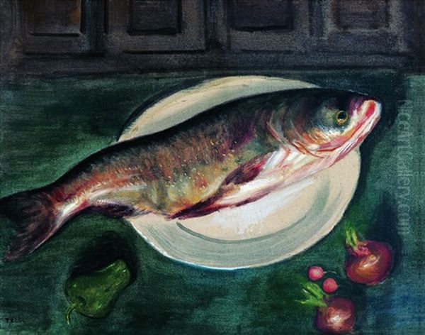 Fish With Red Fruit Oil Painting by  Li Tiefu