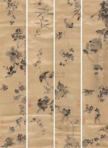 Bird And Flower (4 Works) Oil Painting by Li Yin