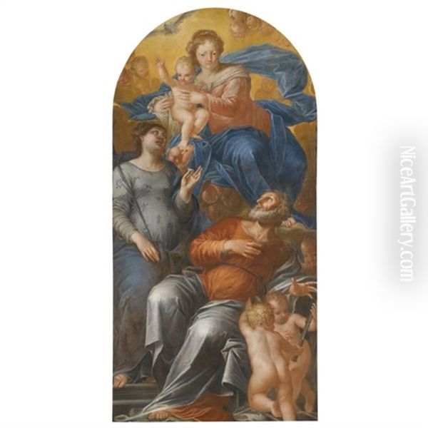An Altarpiece With The Madonna And Child Enthroned Flanked By Saints Apollonia And Bartholomew Oil Painting by Pietro Liberi