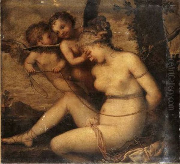 Venus Being Bound By Two Putti Oil Painting by Pietro Liberi