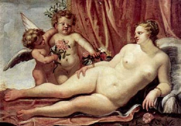 Venere Coricata E Due Amorini Con Fiori Oil Painting by Pietro Liberi