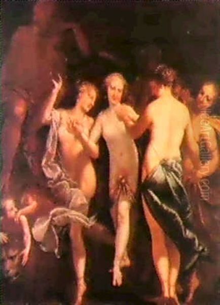 Allegoria Mitologica Con Le Tre Grazie, Ninfe, Due Putti Con Leone E Vecchio In Meditazione Appoggiato A Libri Oil Painting by Pietro Liberi