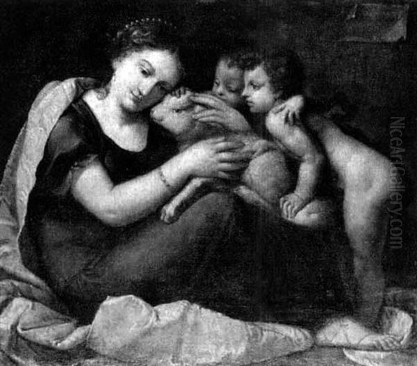 A Woman Seated And Holding A Lamb, With Two Children        Looning On Oil Painting by Pietro Liberi