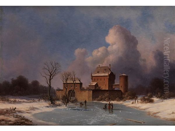 Winterlandschaft Mit Figuren Und Burg Oil Painting by Georg Emil Libert