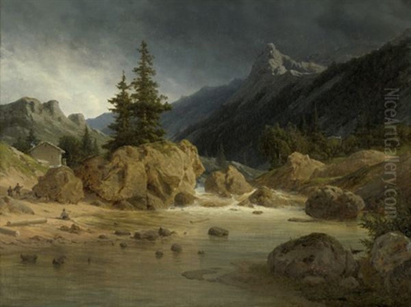 Nordische Gebirgslandschaft Mit Wasserfall Bei Aufziehendem Unwetter Oil Painting by Georg Emil Libert