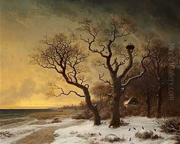 Vinterstemning Ved Den Nordsjaellandske Kyst Med Store Bladlose Traeer Oil Painting by Georg Emil Libert