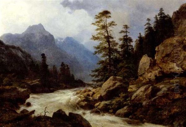 Brusende Fos I Norsk Fjeldlandskab Oil Painting by Georg Emil Libert