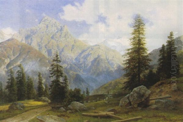 Sneklaedte Bjergtinder. Udsigt Over Bjerglandskab, Schweiz Oil Painting by Georg Emil Libert