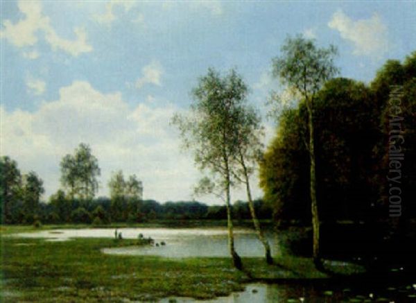 A Marshy Woodland Landscape Oil Painting by Georg Emil Libert