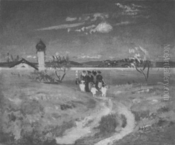 Spaziergangerinnen In Tracht Auf Dem Heimweg Von Der Kirche An Einem Bayerischen See Oil Painting by Hans Reinhold Lichtenberger