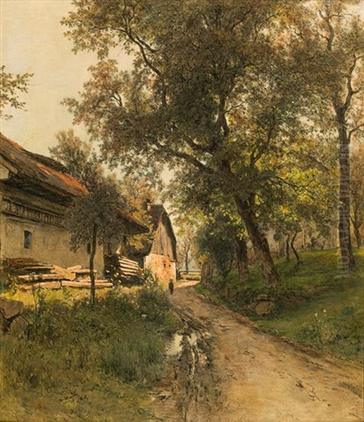Farm In Aschach Oil Painting by Eduard Peithner Von Lichtenfels