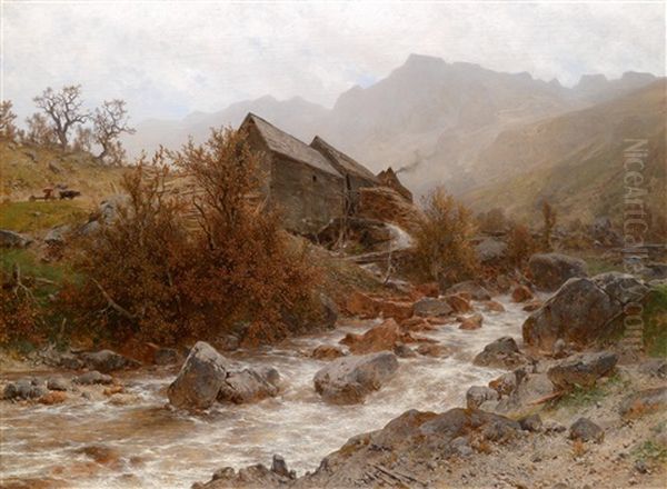 Muhle Im Bombuschgraben Bei Pontafel, Udine Oil Painting by Eduard Peithner Von Lichtenfels