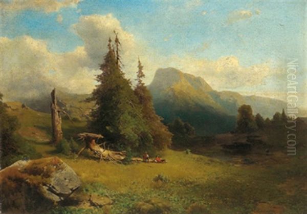 Gebirgslandschaft Mit Rastenden Wanderern Oil Painting by Eduard Peithner Von Lichtenfels