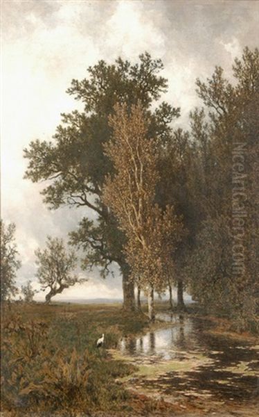 Teichlandschaft Mit Fischreiher Oil Painting by Eduard Peithner Von Lichtenfels