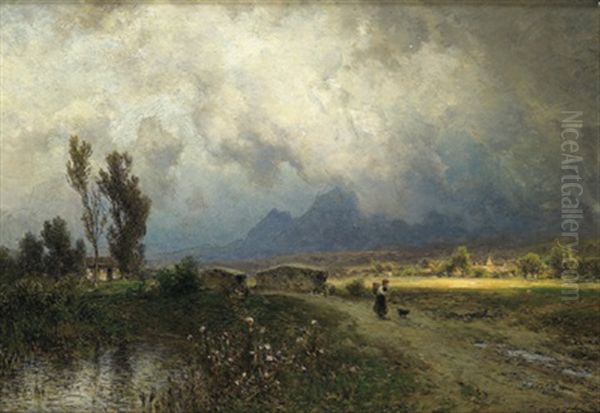 Wolkenverhangene Landschaft Mit Figurlicher Staffage Oil Painting by Eduard Peithner Von Lichtenfels