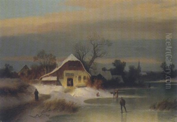 Winterlandschaft Mit Bauernhausern Am Flusufer Oil Painting by Eduard Peithner Von Lichtenfels