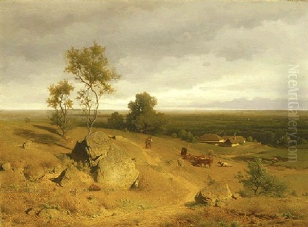 Farm In An Extensive Landscape Oil Painting by Eduard Peithner Von Lichtenfels
