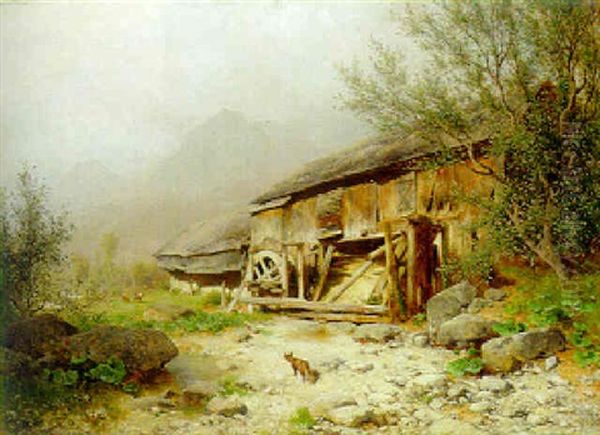 A Derelict Mill In An Alpine Landscape Oil Painting by Eduard Peithner Von Lichtenfels