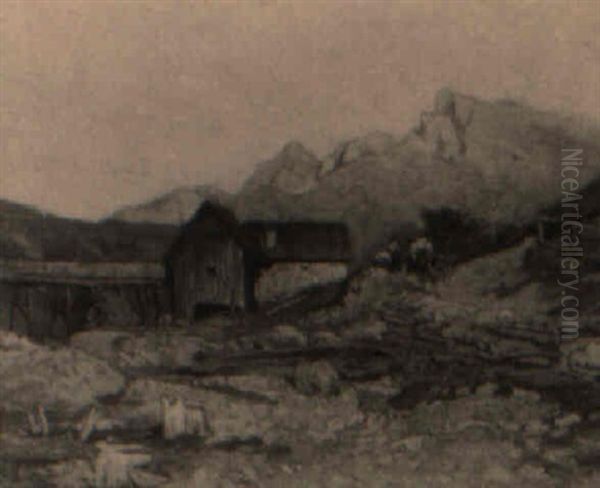 Holzmuhle In Gebirgslandschaft Oil Painting by Eduard Peithner Von Lichtenfels