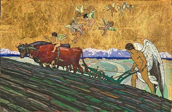 St. Isidro Pflugend Oil Painting by Maximilien Liebenwein