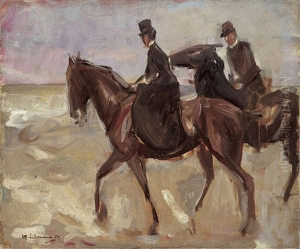 Reiterin Und Reiter Am Strandnach Links - Studie Oil Painting by Max Liebermann