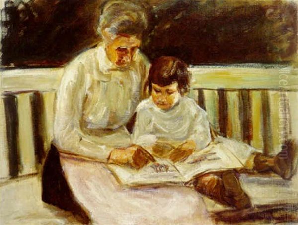 Enkelin Und Kinderfrau Auf Der Gartenbank Oil Painting by Max Liebermann