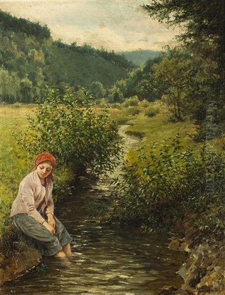 Madchen Am Bach Oil Painting by Liebscher, Adolf