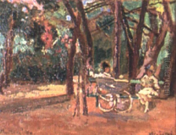 Woman With Baby Carriage Oil Painting by Ulvi Liegi