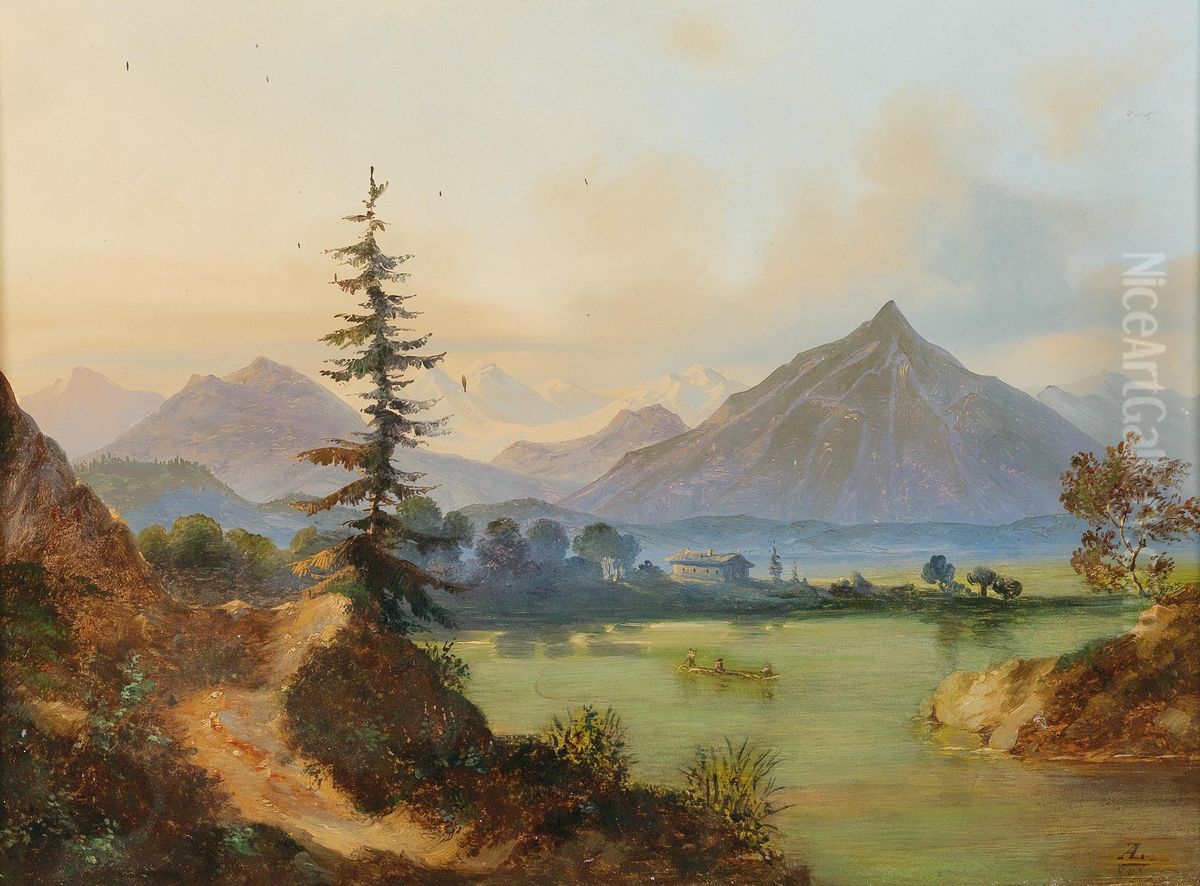 Lake In A Mountain Landscape Oil Painting by Adolf Heinrich Lier