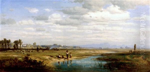 Angelnde Kinder An Der Wurm In Obermenzing Oil Painting by Adolf Heinrich Lier