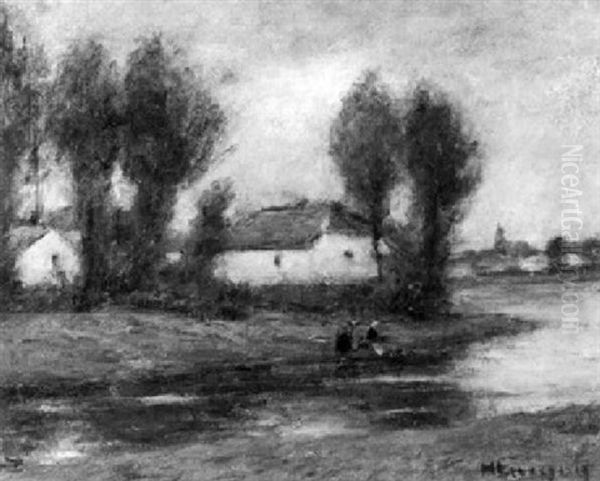 Gehoft Am Altwasser Mit Zwei Wascherinnen Oil Painting by Helmuth Liesegang