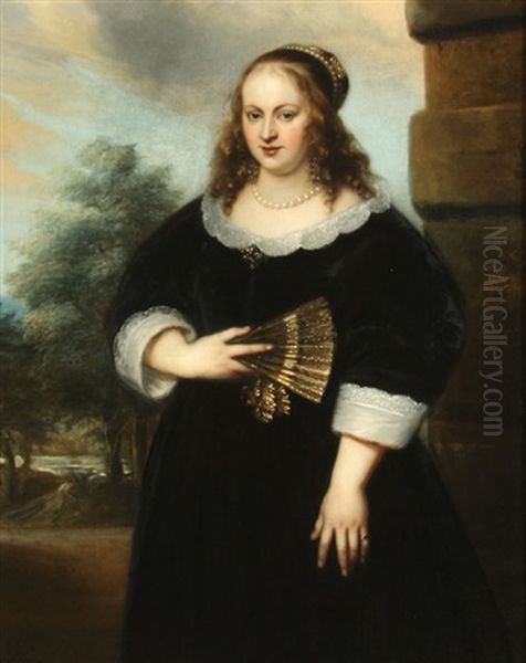 A Portrait Of A Lady Holding A Fan With Garden In Background Oil Painting by Jan Lievens